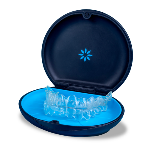 black-plastic-case-with-transparent-braces-blue-background-insivible-removable-retainers-orth Invisalign Clear Braces